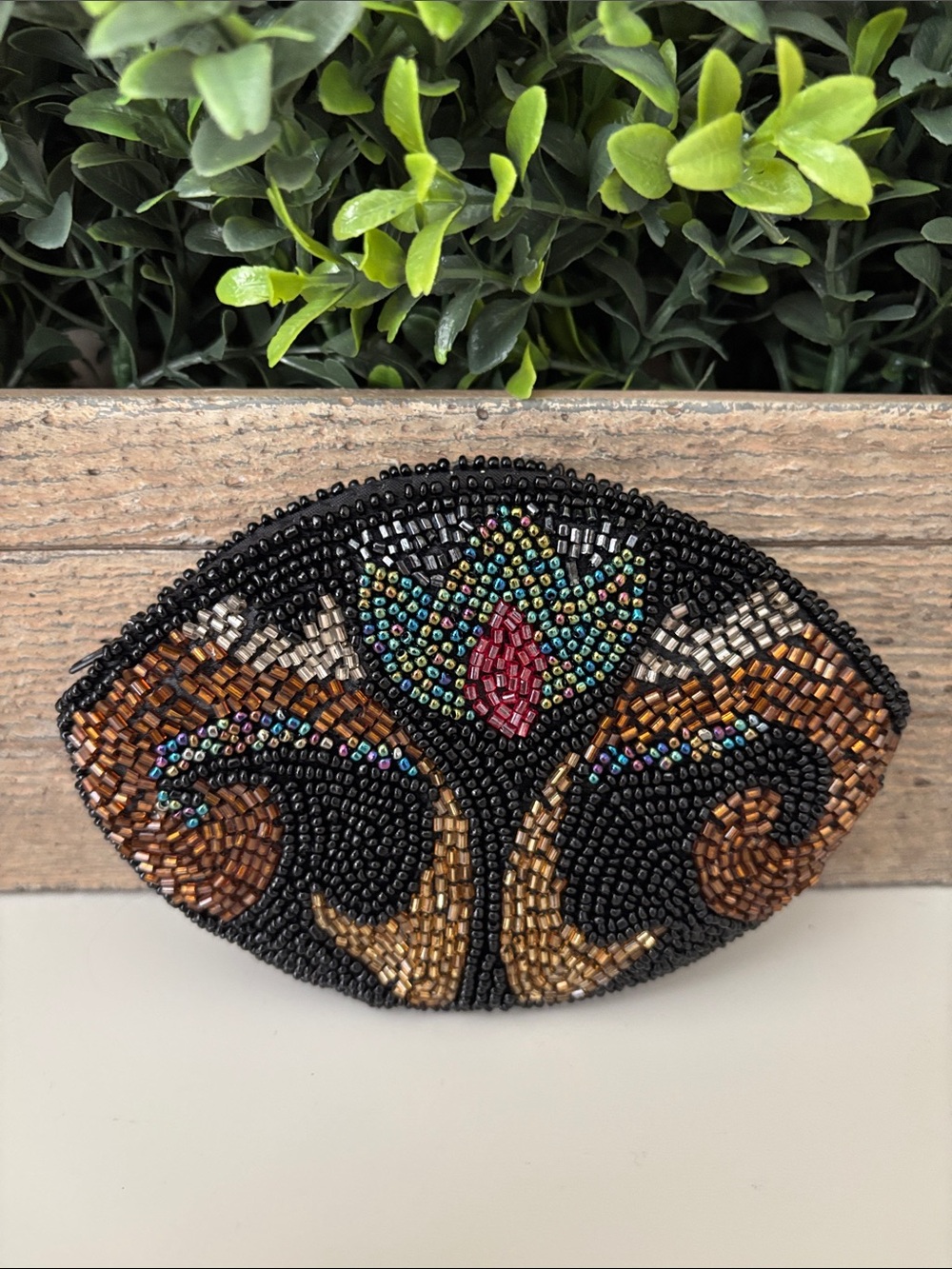 Beaded Large Coin Pouch-Black and Brown Accent